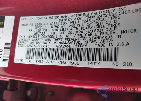 2006 Toyota Tacoma Base V6 из США, поврежденный, VIN 5TELU42N76Z300841